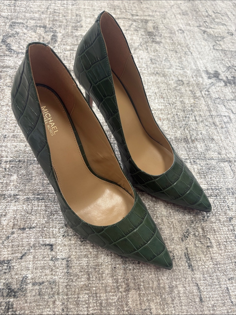 Michael Kors Dark Green Croc-Embossed Pointed Toe Pumps